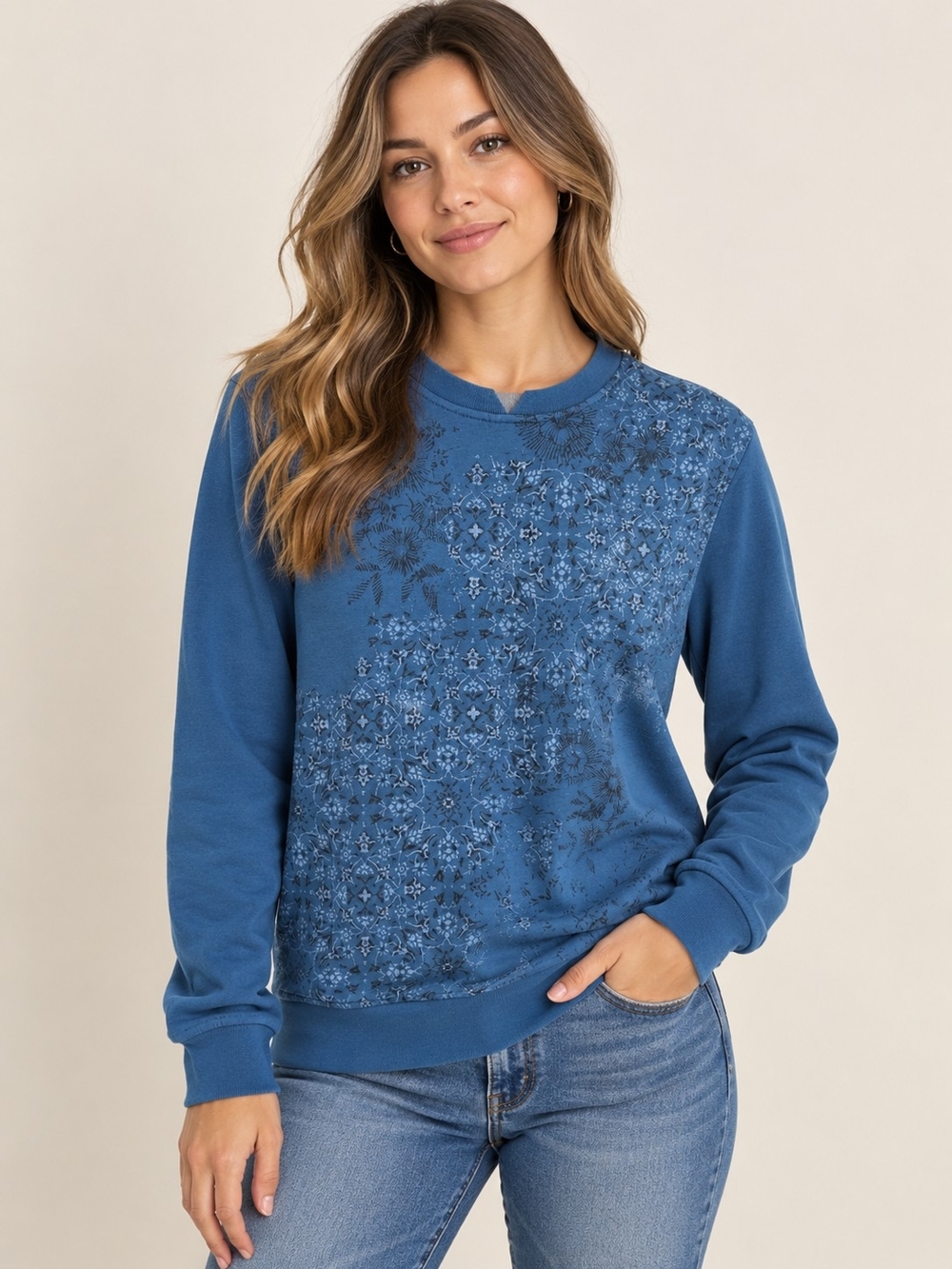 5/$25 Northern Reflections Blue Floral-Print Crewneck Sweatshirt